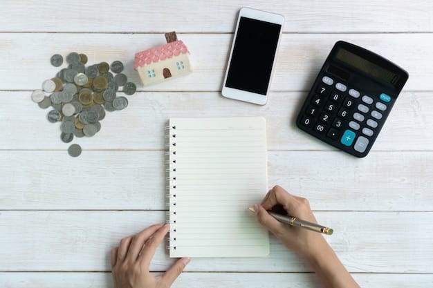 A person writing down expenses in a notebook with a calculator and coins nearby, illustrating budgeting and financial planning.
