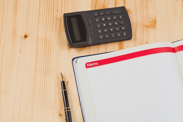 A close-up shot of a calculator with financial documents and a pen on a table. The focus is on the numbers displayed on the calculator and the details of the documents.