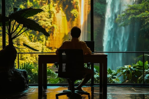 A person working on a laptop in a brightly lit co-working space, surrounded by plants. The laptop screen displays analytics for an online business, suggesting growth and success.
