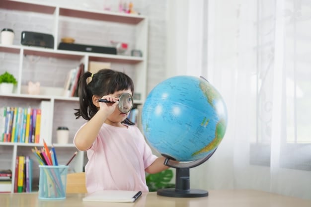 A young Filipino girl in school uniform is studying at her desk, with a globe and several textbooks visible. Soft sunlight is coming through the window, creating a warm and studious atmosphere.