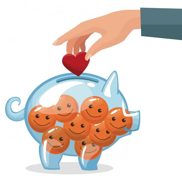 A piggy bank filled to the brim with coins and banknotes, symbolizing a fully funded emergency fund. A hand is adding more coins to the piggy bank.