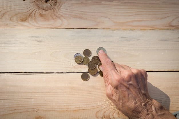 A photograph of hands carefully arranging a stack of coins on a wooden table, symbolizing the act of saving and investing. The background is blurred, drawing focus to the coins and the hands.