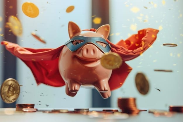 A digital illustration of a piggy bank wearing a superhero cape, surrounded by flying coins and charts showing upward growth. The background is bright and optimistic.