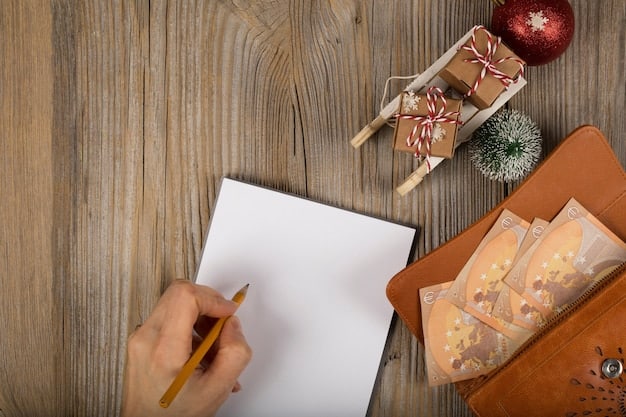 A person writing down a detailed Christmas budget on a notepad, with receipts, bills, and a calculator nearby. The focus is on careful planning and expense tracking for the holiday season.