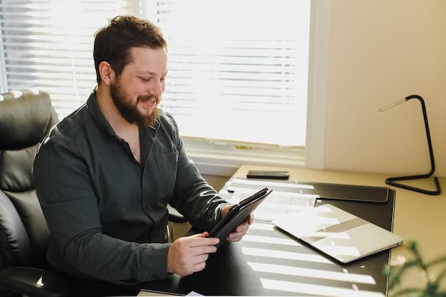 A serene visual of a person analyzing financial performance charts on a tablet in a well-lit office, with a focus on data-driven decision-making and strategic asset allocation.