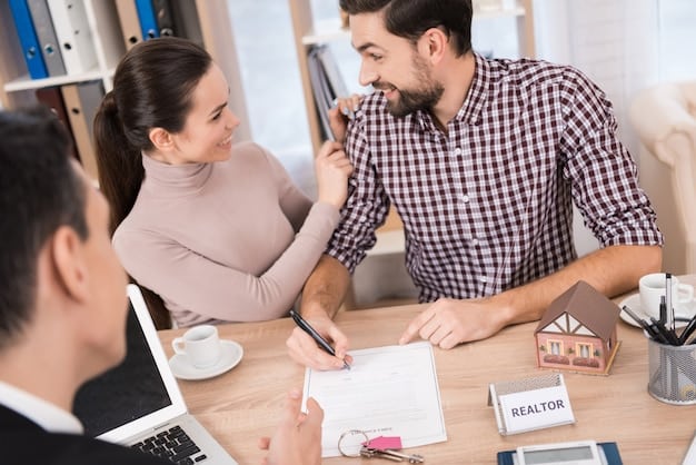 A person signing a loan application form with a real estate agent assisting, showcasing the process of securing financing for a property.