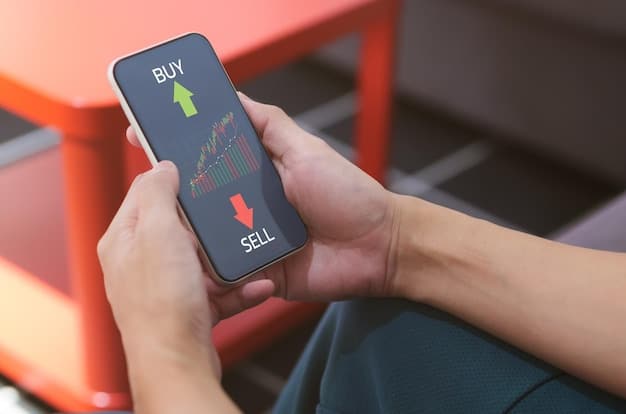 A close-up of a person's hands holding a smartphone with a brokerage app open, displaying stock prices and investment options.