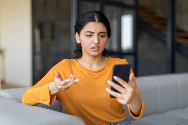 A Filipino woman looking suspiciously at her phone, with an overlay of red warning signs, indicating potential fraud or scam messages. Her expression shows doubt and concern.