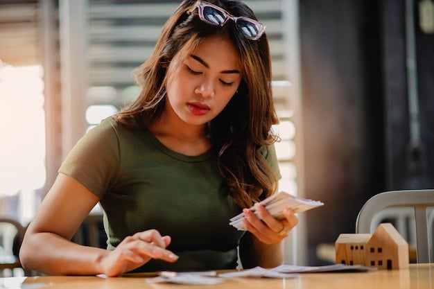 A Filipino woman happily crossing out a debt from her list after making a successful payment.