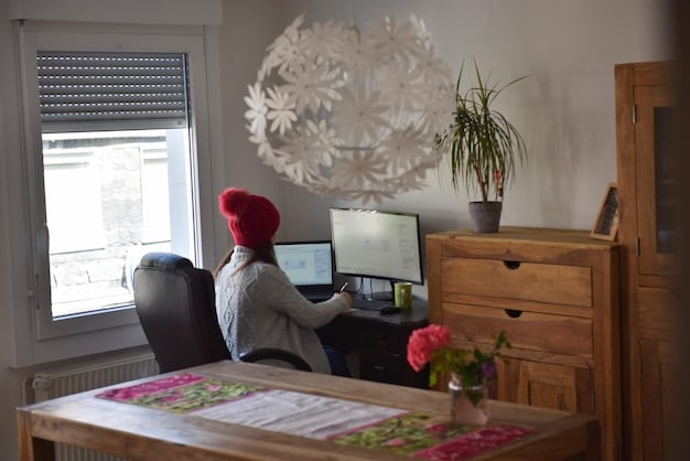 A person using a laptop to browse online job listings, specifically showcasing remote freelance opportunities. The setting is in a cozy home office.