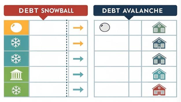 A comparison table showing the Debt Snowball method on one side and the Debt Avalanche method on the other, highlighting the focus on smallest balance vs. highest interest rate. Both methods are presented as ladders to symbolize the steps needed to climb out of debt.