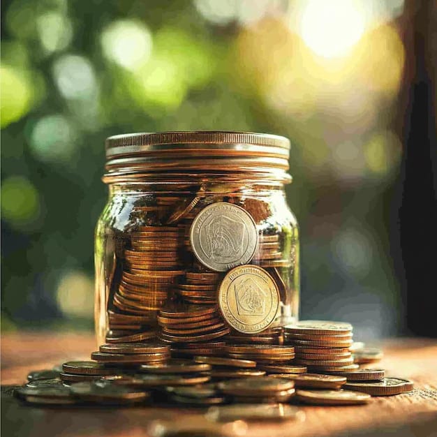 A transparent jar filled with coins and banknotes, labeled 