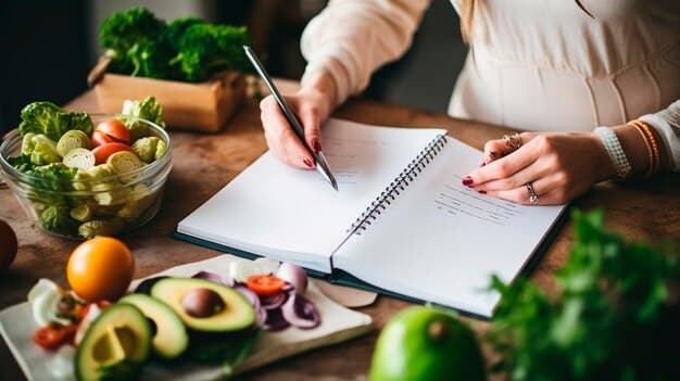 A brightly lit kitchen counter with various healthy ingredients like fresh vegetables, fruits, and grains organized neatly. A notebook with 