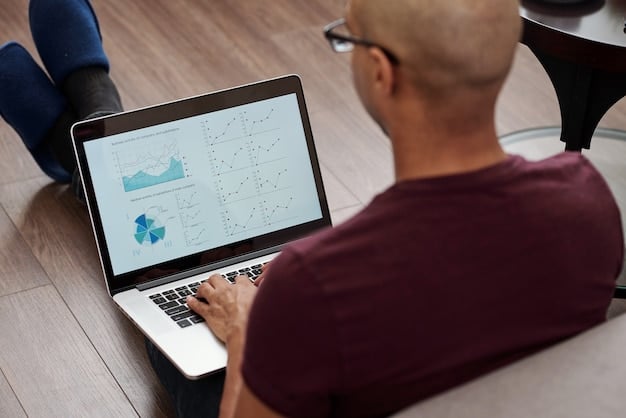 A freelancer is reviewing investment options on a laptop screen, with charts showing potential returns on different types of investments. There are graphs comparing different portfolios.