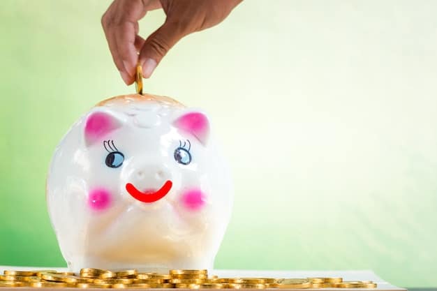 A person putting money into a piggy bank with coins around, emphasizing the idea of saving money and sticking to a budget.