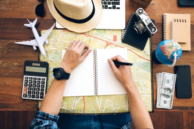 A person is meticulously filling out a travel budget spreadsheet on a laptop, with a calculator and travel brochures nearby.