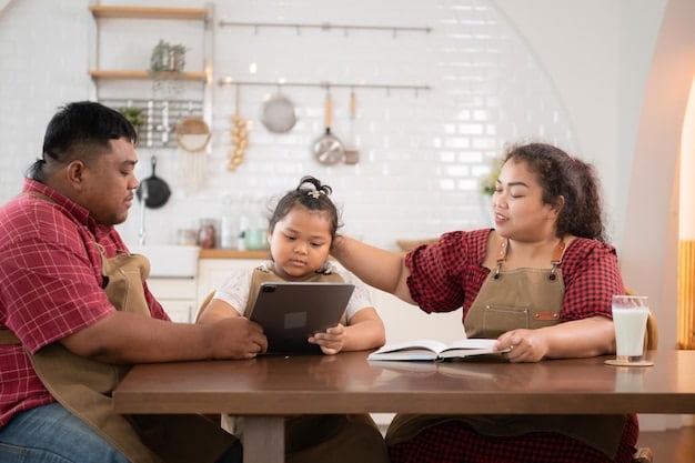 A Filipino family sitting around a table, discussing their monthly budget. They are using a budget planner, and have open notebooks and calculators in front of them. The atmosphere is collaborative and supportive.