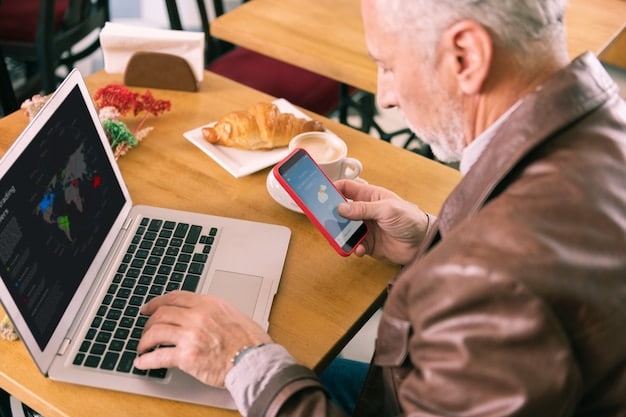 A split-screen image showing a person tracking their expenses on a mobile app and then using those insights to create a healthcare budget on a laptop. The setting is a cozy cafe with natural light.