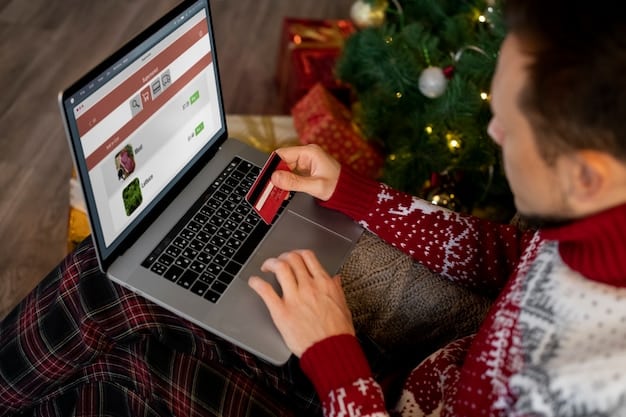 A person is shown browsing online shopping websites on a laptop, comparing prices and looking for discount codes, with festive Christmas decorations blurred in the background.